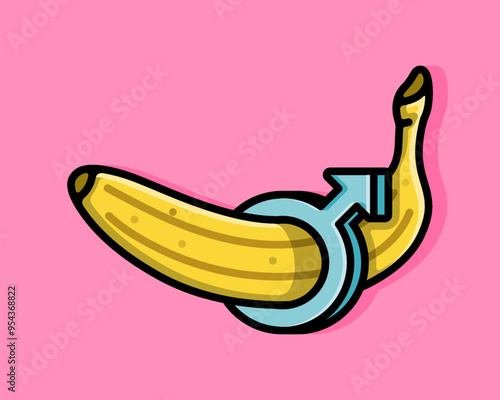 Cartoon Illustration of banana wedged and passing through a blue male gender sign. Can be used for gender revel or baby shower party, sex education poster and printed on t-shirts, hoodies, tote bags