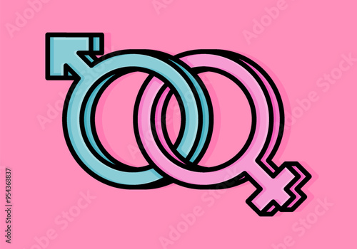Cartoon Illustration of male and female gender sign connected to each other. Can be used for gender revel or baby shower party, sex education poster and printed on t-shirts, hoodies, tote bags
