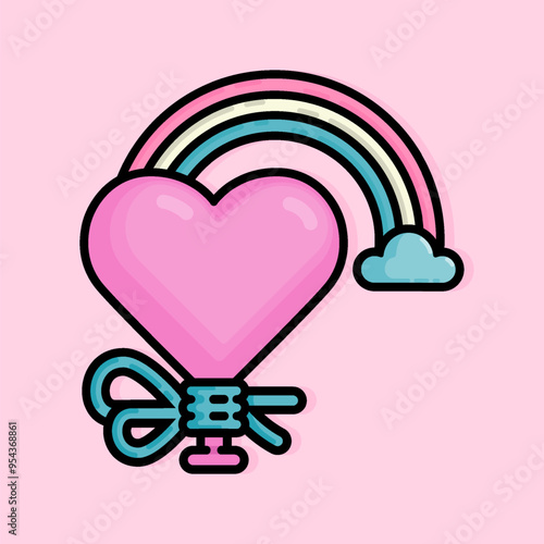 illustration of heart or love shaped balloon with arms curved to the clouds in ouline style. Can be used for birthdays, parties, Valentine Day, celebrations and printed on t-shirts, hoodies, tote bags
