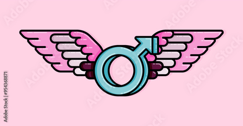 Cartoon Illustration of blue male gender sign flying with angel wings. Can be used for gender revel or baby shower party, sex education poster and printed on t-shirts, hoodies, tote bags