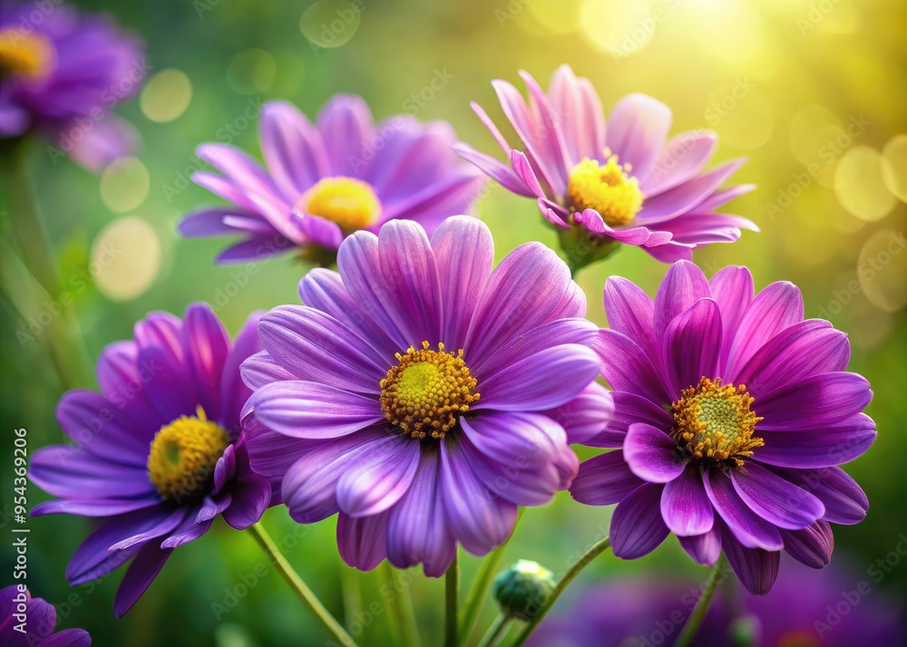 Vibrant purple flowers with delicate petals and golden centers stand out against a soft, blurry green background, creating a serene and visually striking composition. Vibrant purple flowers with delicate petals and golden centers stand out against a soft, blurry green background, creating a serene and visually striking composition.