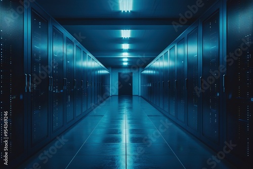 A long hallway with many doors and a blue light