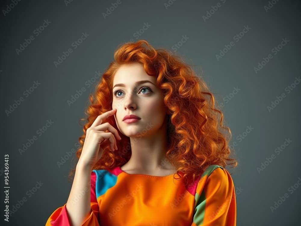 Thinking thoughtful redhead girl touching her chin with one hand. Beautiful curly girl in a bright modern dress, shot on a Canon EOS R6, 500mm lens, f/1.8 aperture, ISO 20 Thinking thoughtful redhead girl touching her chin with one hand. Beautiful curly girl in a bright modern dress, shot on a Canon EOS R6, 500mm lens, f/1.8 aperture, ISO 20