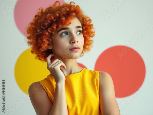 Thinking thoughtful redhead girl touching her chin with one hand. Beautiful curly girl in a bright modern dress, shot on a Canon EOS R6, 500mm lens, f/1.8 aperture, ISO 20 photo