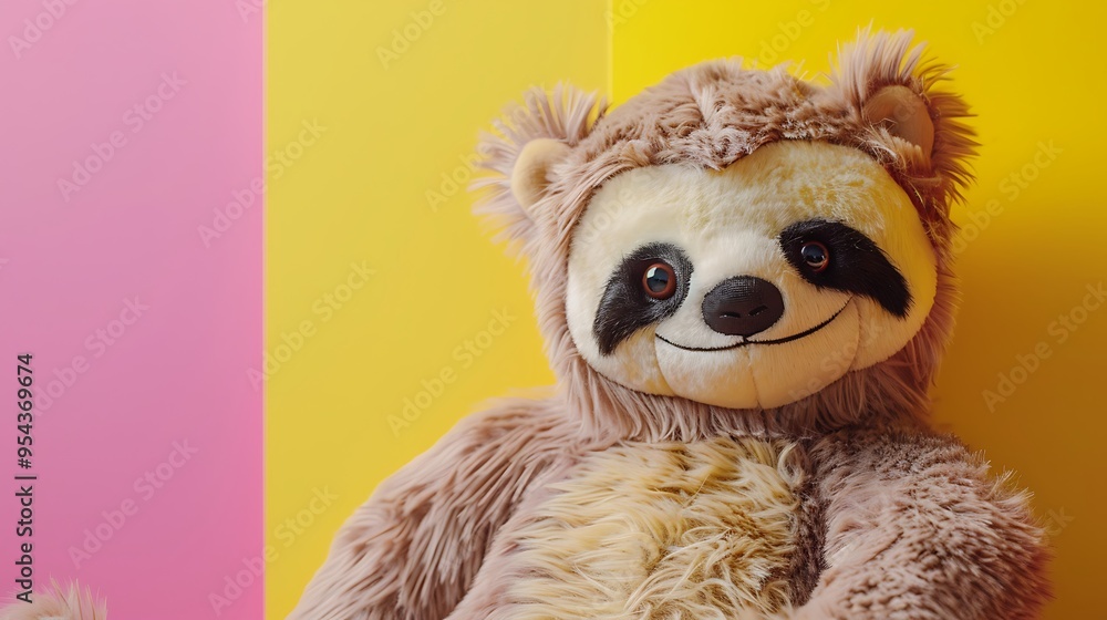 Teddy bear with a sloth pink and yellow background Teddy bear with a sloth pink and yellow background