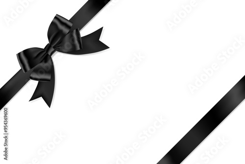 Black Ribbon Bow Realistic shiny satin with shadow place on corner of paper for decorate your funeral card , awards certificate or gift boxes vector EPS10 isolated on white Background