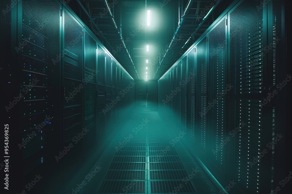 Misty futuristic data center with glowing server racks Misty futuristic data center with glowing server racks
