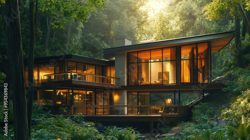 A secluded forest home with expansive glass walls, offering a breathtaking view of the