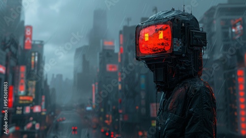 an anime cyberpunk man with a tube tv as a head, His face is the tv screen, determined emoji on face, He is wearing a black jacket and pants, neon city in background