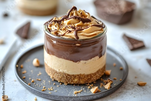 jar cake made of cheese with chocolate peanut butter topping and graham crust
