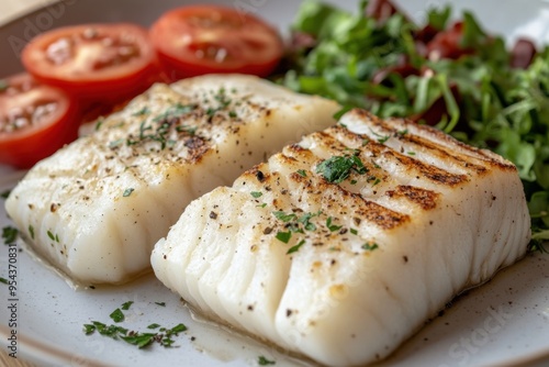 Delicious Grilled Fish with Artisan Bread, Tomatoes, and Salad, A Perfect Summer Meal Enjoy the flavorful combination of grilled fish, fresh tomatoes, and a vibrant salad, all served with crusty