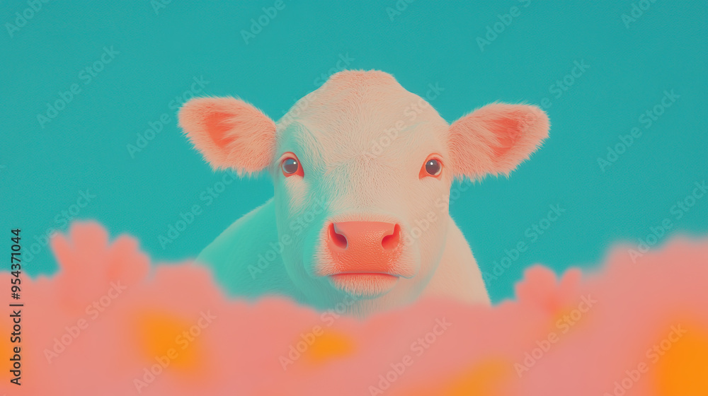 A white calf with pink nose and large eyes peeks over a bed of pink and yellow flowers against a turquoise background. A white calf with pink nose and large eyes peeks over a bed of pink and yellow flowers against a turquoise background.