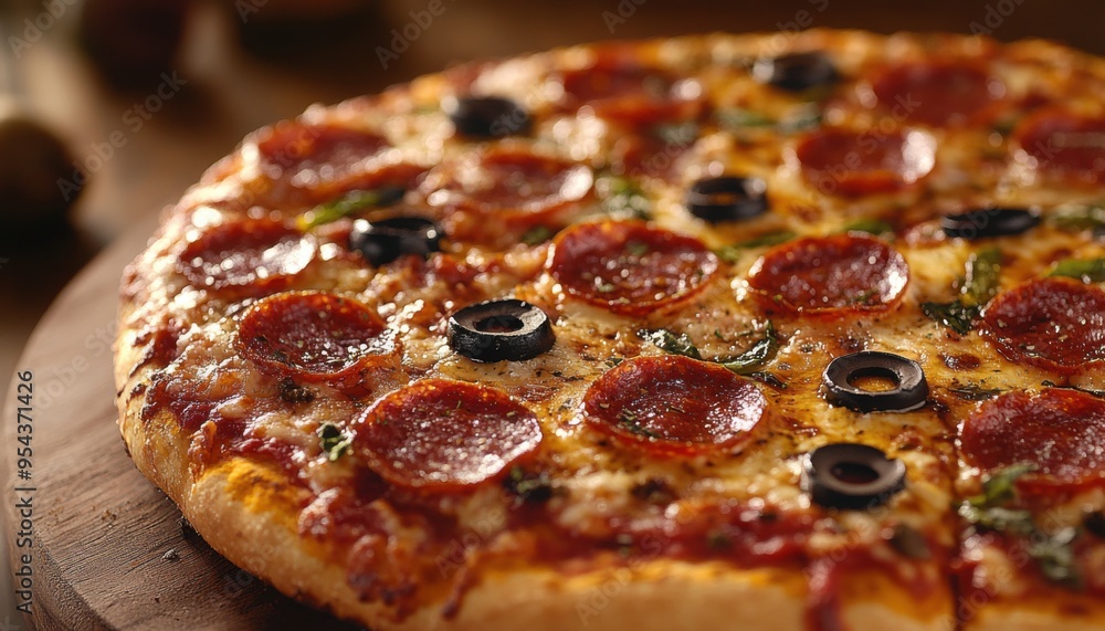 Delicious Pepperoni Pizza with Olives, Hand-Tossed Dough, Rustic Presentation, Perfect for a Family Meal or a Casual Dinner Delicious Pepperoni Pizza with Olives, Hand-Tossed Dough, Rustic Presentation, Perfect for a Family Meal or a Casual Dinner