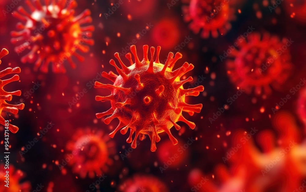 A detailed illustration of a red virus structure, emphasizing its unique shape and features in a vibrant digital style. A detailed illustration of a red virus structure, emphasizing its unique shape and features in a vibrant digital style.