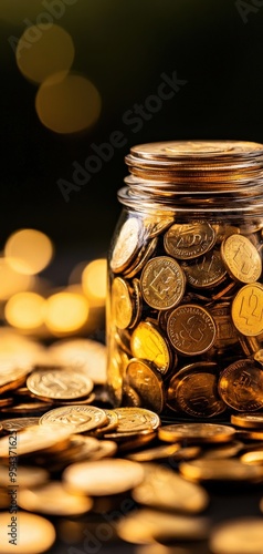 A glass jar filled with shiny coins and scattered currency, symbolizing savings, wealth, and financial growth.