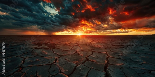 Dramatic clouds and vibrant colors over cracked earth at sunset symbolizing climate change and drought photo