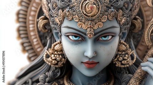 Goddess Kali with a fierce expression, holding a severed head in one hand and a sword in the other, isolated on white.