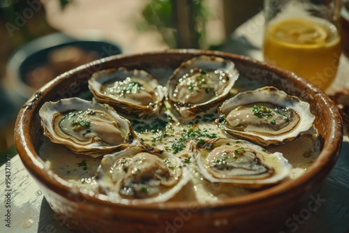 Fresh Oysters with Artisanal Vinaigrette, Coastal Presentation, A Delightful Seafood Experience, Enjoy a Taste of the Ocean's Bounty, Savory, Creamy, and Perfectly Balanced, A Culinary Masterpiece photo