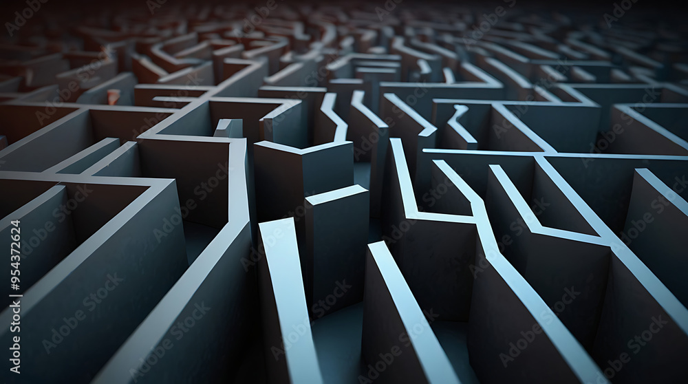 Obraz premium Abstract concept of a maze with multiple exits, one path leading to safety, representing risk mitigation and decision-making with copy space.