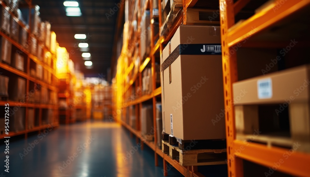 Fototapeta premium A well-organized warehouse showcasing rows of shelves filled with cardboard boxes, perfect for commercial use and logistics themes.