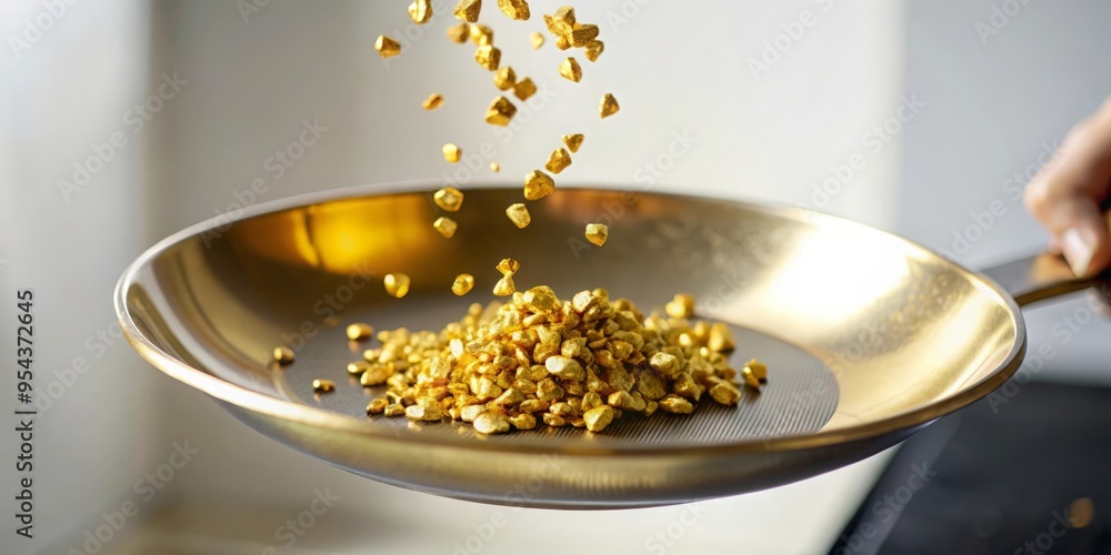 Gold nuggets being sifted or displayed in a pan, representing gold panning and mining activities.
Gold nuggets being sifted or displayed in a pan, representing gold panning and mining activities.