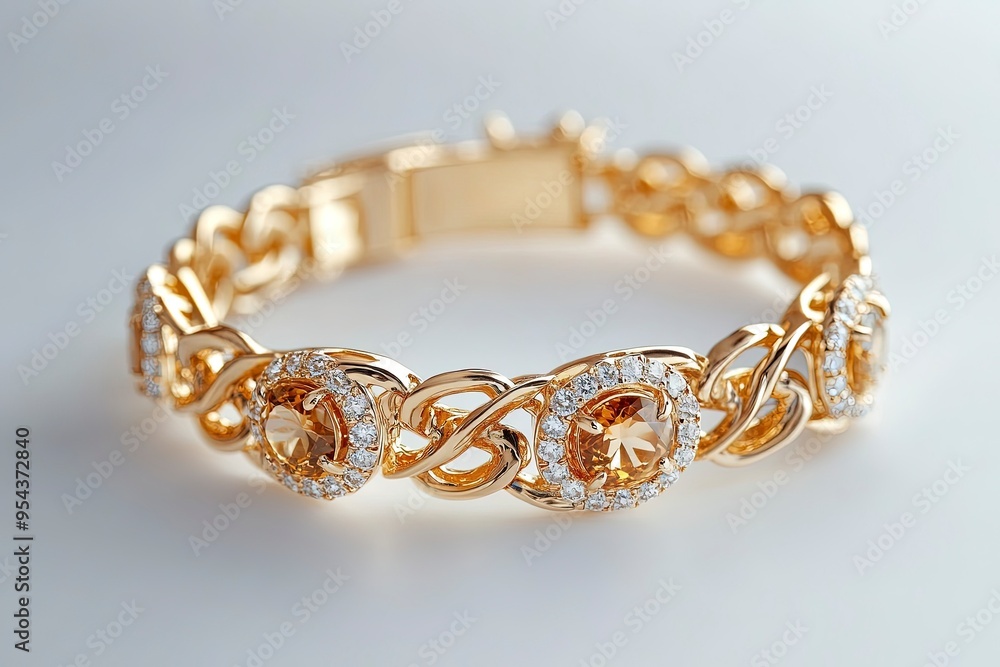 Fashion golden bracelet isolated diamond ring ,Chain with topaz and diamond stone ,on white background. Generative Ai Fashion golden bracelet isolated diamond ring ,Chain with topaz and diamond stone ,on white background. Generative Ai
