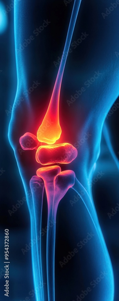 Anatomical illustration of a human knee joint highlighting pain areas ...