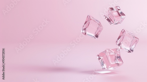 Four clear ice cubes falling against a pink background