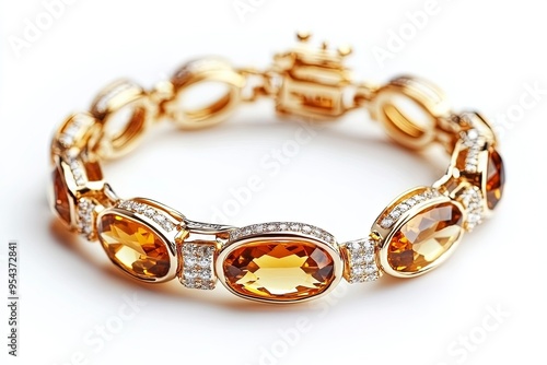 Fashion golden bracelet isolated diamond ring ,Chain with topaz and diamond stone ,on white background. Generative Ai