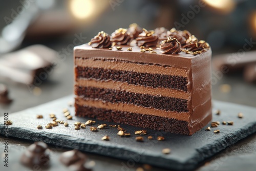 Indulgent Chocolate Cake Slice with Creamy Ganache and Edible Gold Dust, Artisanal Dessert Presented on a Slate Serving Board, Perfect for Special Occasions or Afternoon Tea photo