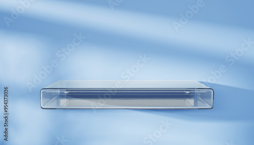 Fototapeta Naklejka Na Ścianę i Meble -  3d glass transparent clear shelf on light blue wall background render. Bathroom or kitchen interior product podium. Empty crystal pedestal in restroom, plastic goods display stand. 3D illustration