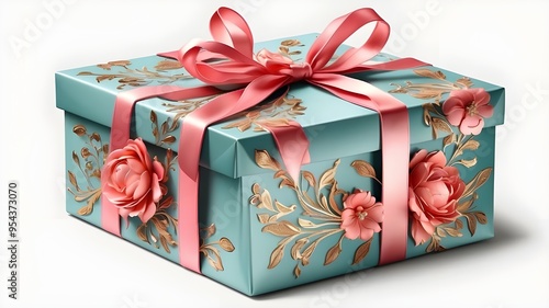  A beautifully designed gift box featuring elegant floral motifs, with a satin ribbon bow, isolated on a transparent background for a versatile PNG image. 