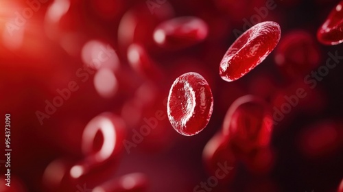 Close-up of red blood cells floating in a dynamic and textured background, illustrating human biology and health.