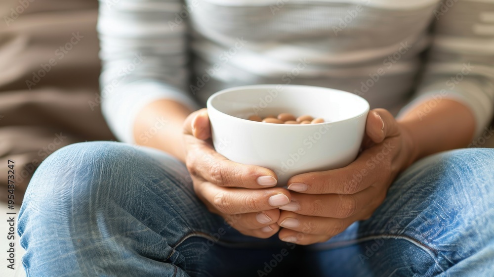 Person sitting and holding a white bowl in both hands, enjoying a snack or a light meal Person sitting and holding a white bowl in both hands, enjoying a snack or a light meal