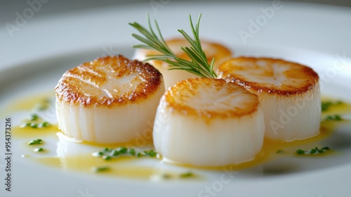 Seared Scallops with Rosemary and Chives, Elegant Presentation, Culinary Delight, Gourmet Seafood, Exquisite Dish, Restaurant Quality, Fine Dining, Culinary Art, Seafood Appetizer, Scallop Recipe photo