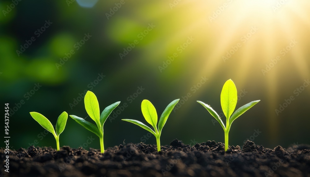 Fresh green seedlings emerging from rich soil, bathed in warm sunlight, symbolizing growth and new beginnings in nature. Fresh green seedlings emerging from rich soil, bathed in warm sunlight, symbolizing growth and new beginnings in nature.