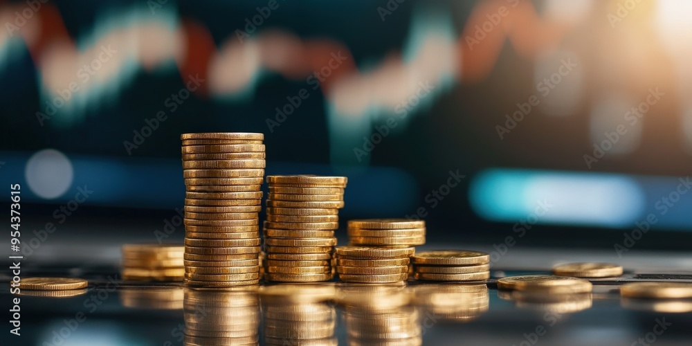 Stacks of coins representing financial growth with a blurred background of a stock market chart. Stacks of coins representing financial growth with a blurred background of a stock market chart.