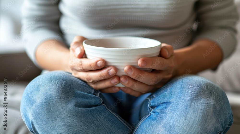 Woman holding an empty white ceramic bowl in both hands. Woman holding an empty white ceramic bowl in both hands.