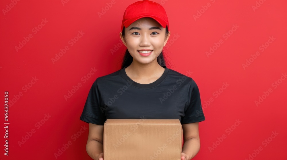 Cheerful Asian delivery girl in a red cap and black uniform holding a cardboard package against a red background Cheerful Asian delivery girl in a red cap and black uniform holding a cardboard package against a red background