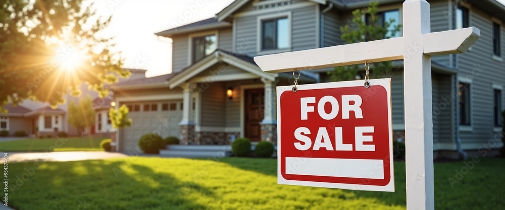 For Sale sign in front of suburban house at golden hour with copy space For Sale sign in front of suburban house at golden hour with copy space