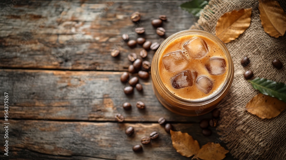Iced Coffee with Ice Cubes and Coffee Beans on Wooden Background Iced Coffee with Ice Cubes and Coffee Beans on Wooden Background