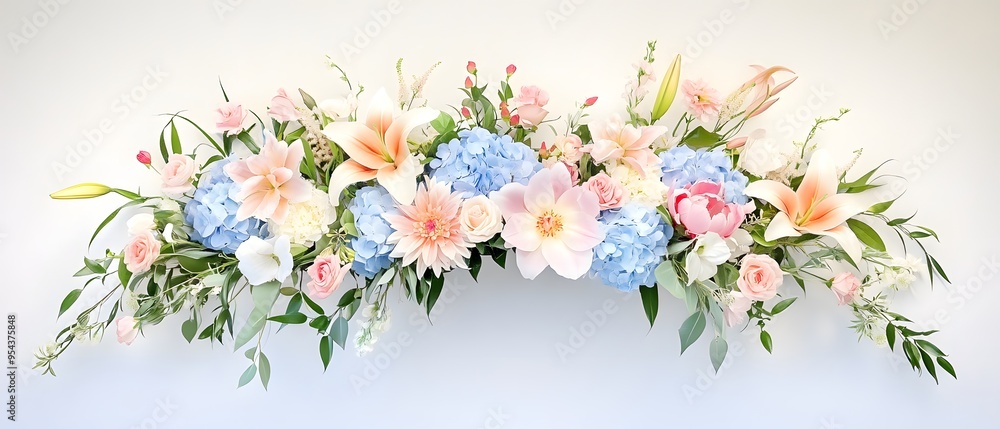 A classic floral display featuring sky blue hydrangeas, ivory lilies, and blush pink peonies, arranged in a graceful arc A classic floral display featuring sky blue hydrangeas, ivory lilies, and blush pink peonies, arranged in a graceful arc