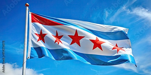 Vibrant red, white, and blue city flag waving proudly against a clear blue sky, symbolizing civic pride and identity of the Windy City.