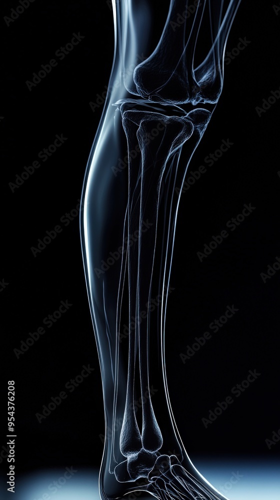 An anatomical illustration of a human leg, showcasing bones and joint structures with a transparent effect against a dark background. An anatomical illustration of a human leg, showcasing bones and joint structures with a transparent effect against a dark background.