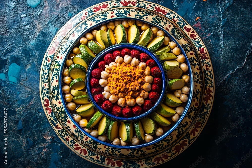 Fototapeta premium A close-up of a traditional Middle Eastern dish, arranged in a beautiful, colorful ceramic bowl, and ready to be served.