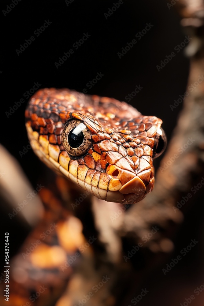 Fototapeta premium Close-up of a vibrant lizard displaying intricate skin patterns and sharp features against a dark background.