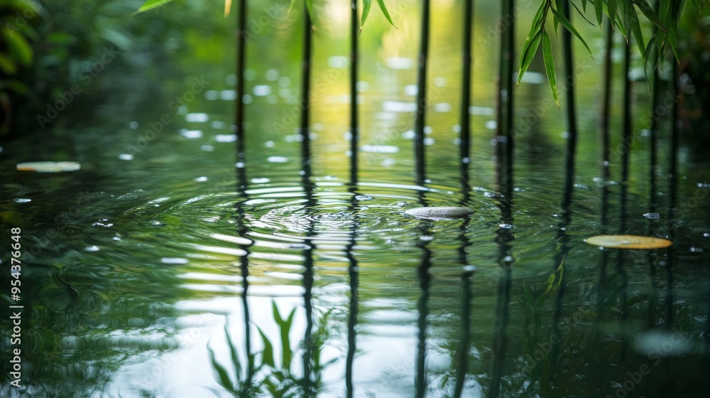 Ripples in a Pond with Bamboo and Sunlight Ripples in a Pond with Bamboo and Sunlight