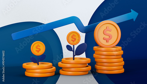 3d rendering illustration of stack of coins and arrows rising for financial investment. Can be used for banking, financial sector, fintech apps, seminar banners, financial and economic education