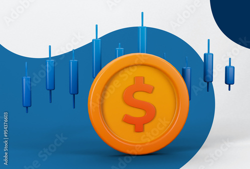 3d rendering illustration of coin with candlestick on the back for risky investment for investment and finance. Can be used for banking, financial sector, fintech apps, seminar banners, economy