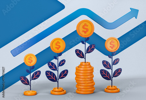 3d rendering illustration of pile of coins that keeps piling up with plants and growing to make more money for investment and finance. Can be used for banking, financial sector, fintech apps, economy